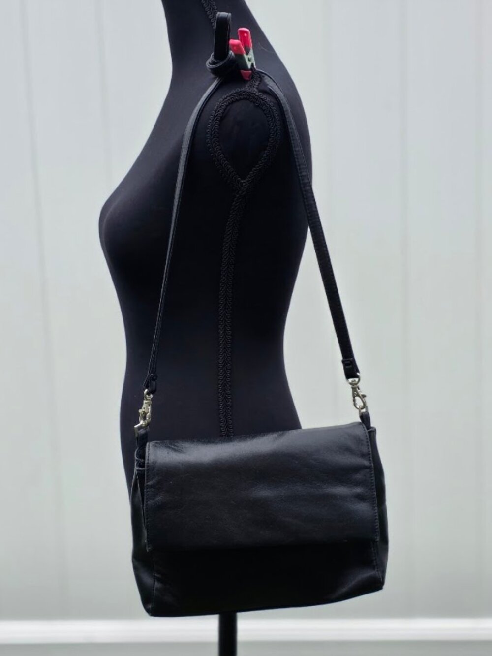 Black Genuine Leather Flap Crossbody Shoulder Bag